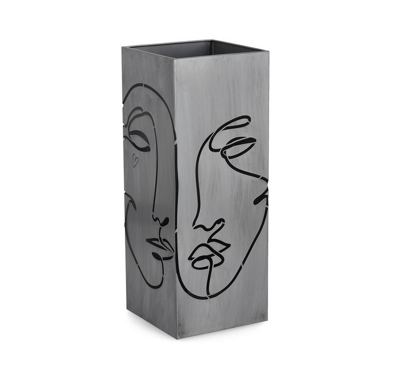 Portaombrelli argento rettangolare in metallo decorato con volti